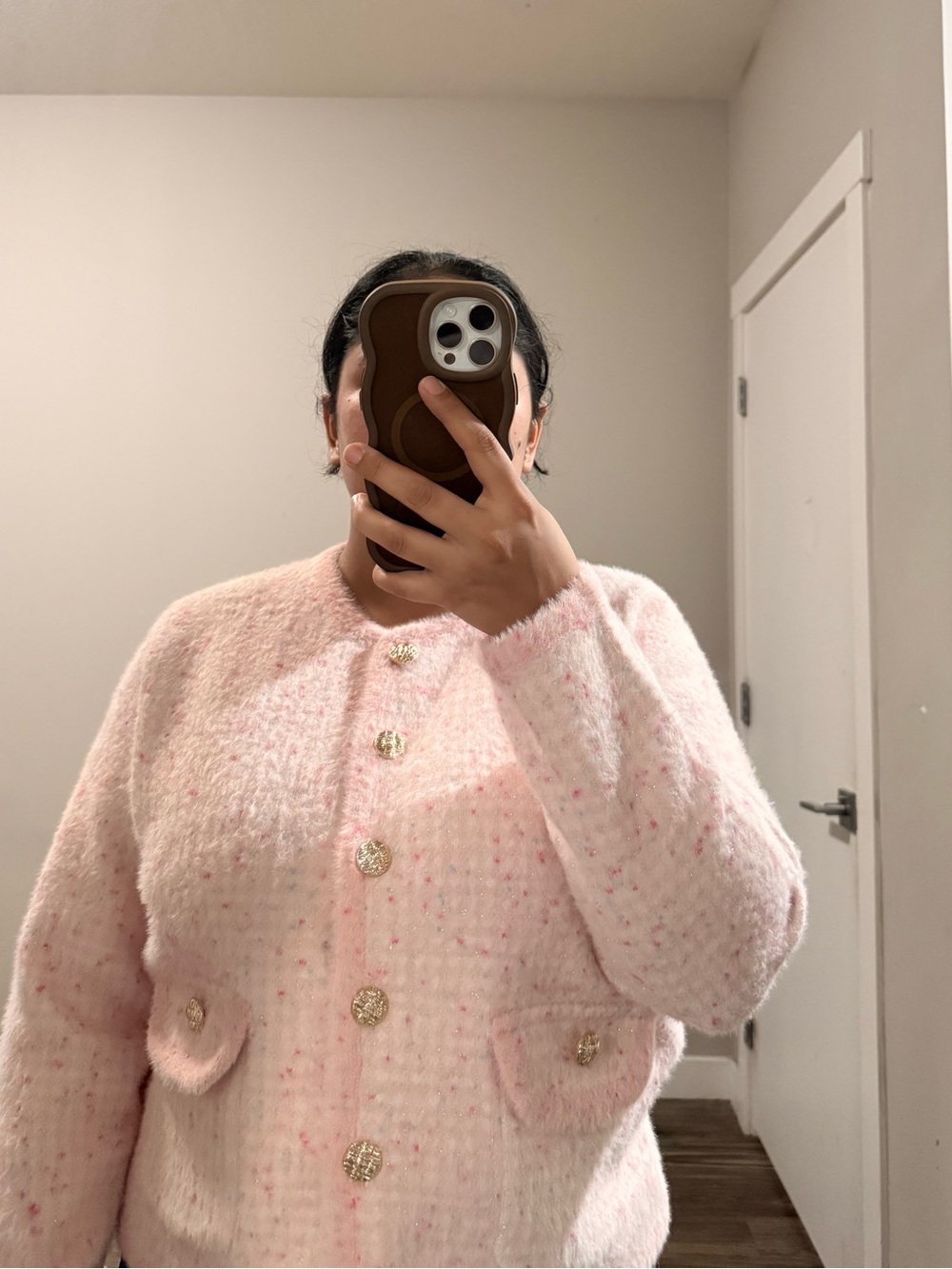 Girls' Soft Pink Textured Knit Cardigan with Gold Buttons